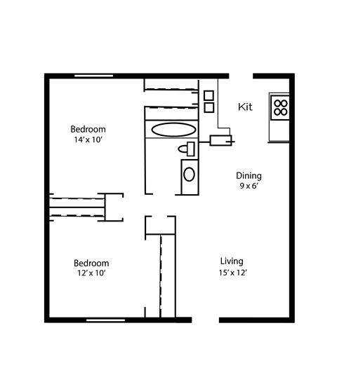 Floor plan for 2 beds, 1 bath, 842 sqft